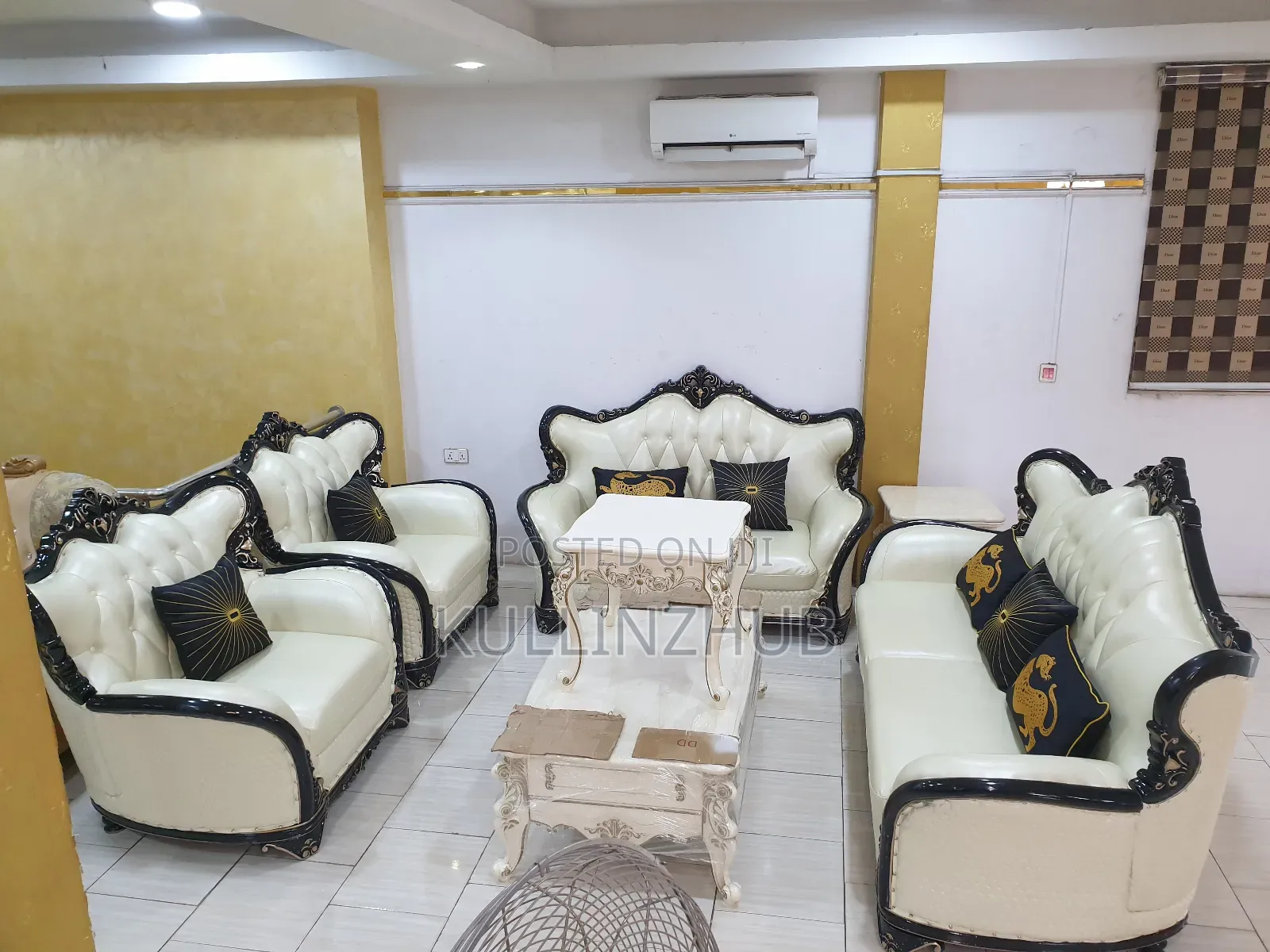 Egyptian White Leather Royal Sofa Set, Table, 2 Side Stool