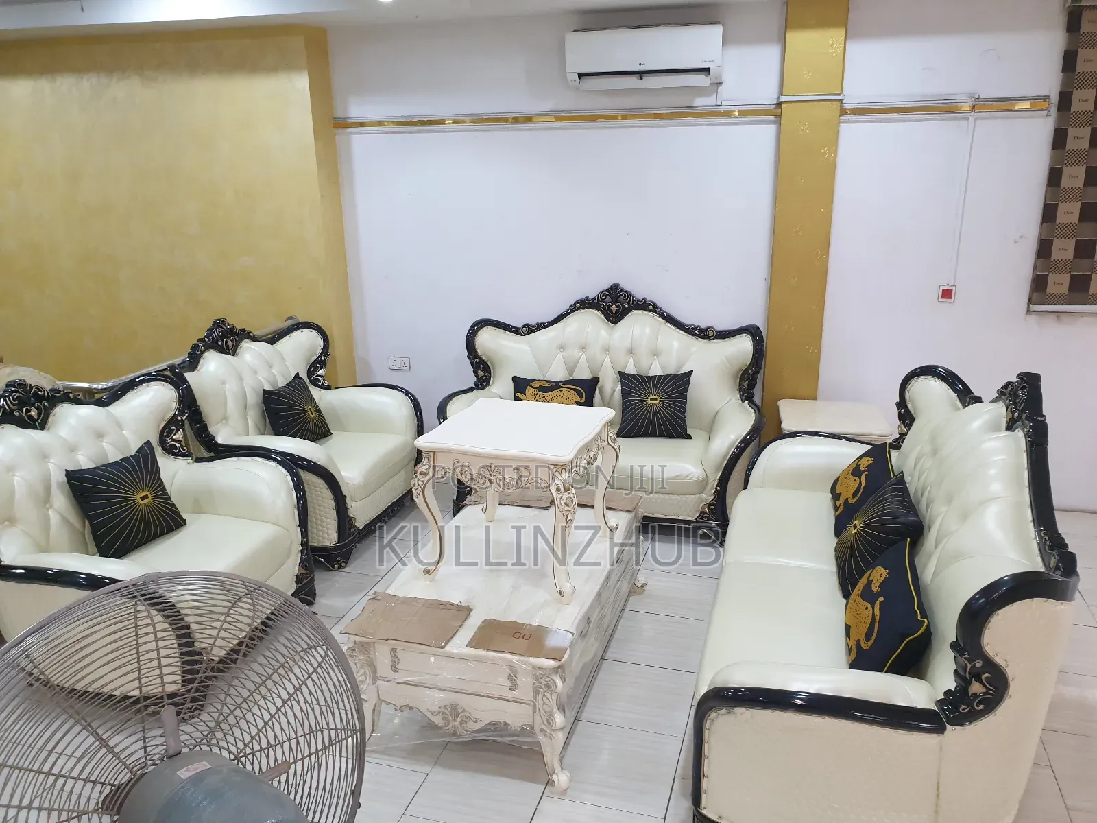 Egyptian White Leather Royal Sofa Set, Table, 2 Side Stool