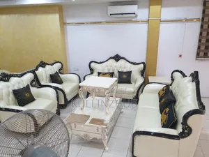 Egyptian White Leather Royal Sofa Set, Table, 2 Side Stool