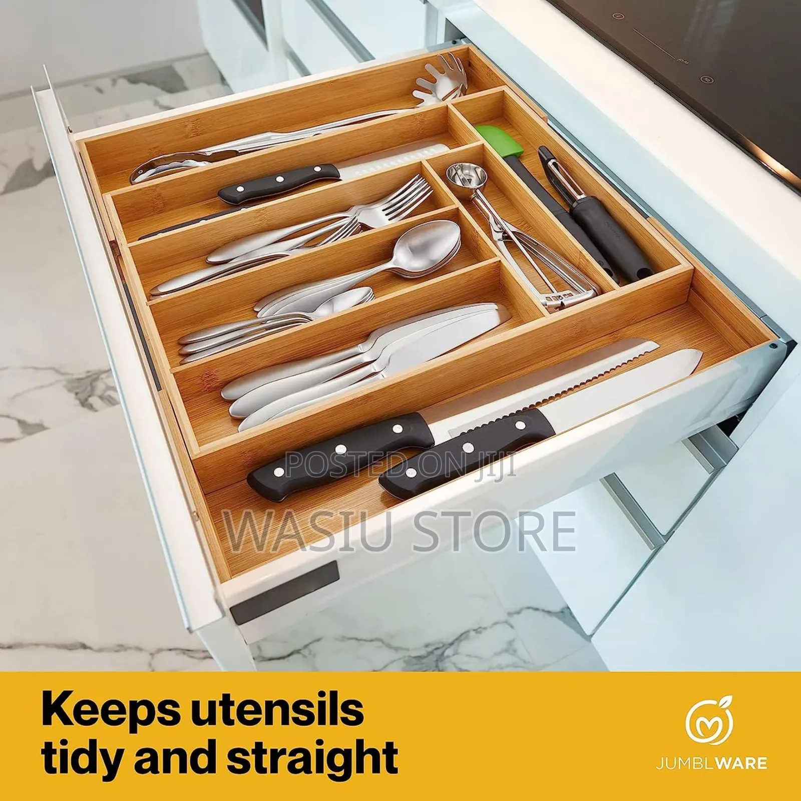 Bamboo Drawer Organizer and Extendable Silverware Organizer