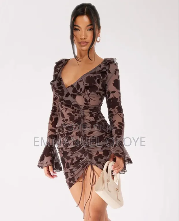 dark chocolate floral flocked frill detail ruched bodycon dress Dark Chocolate Floral Flocked Ruched Bodycon Dress. for sale