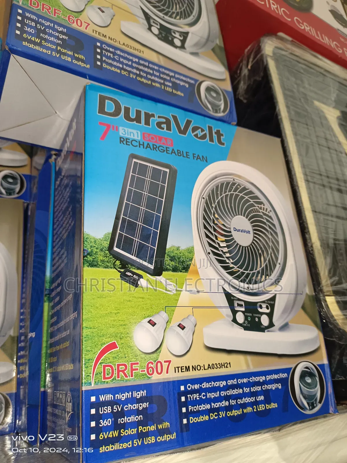 Duravolt 7" Rechargeable Fan With Solar Panel and 2bulbs
