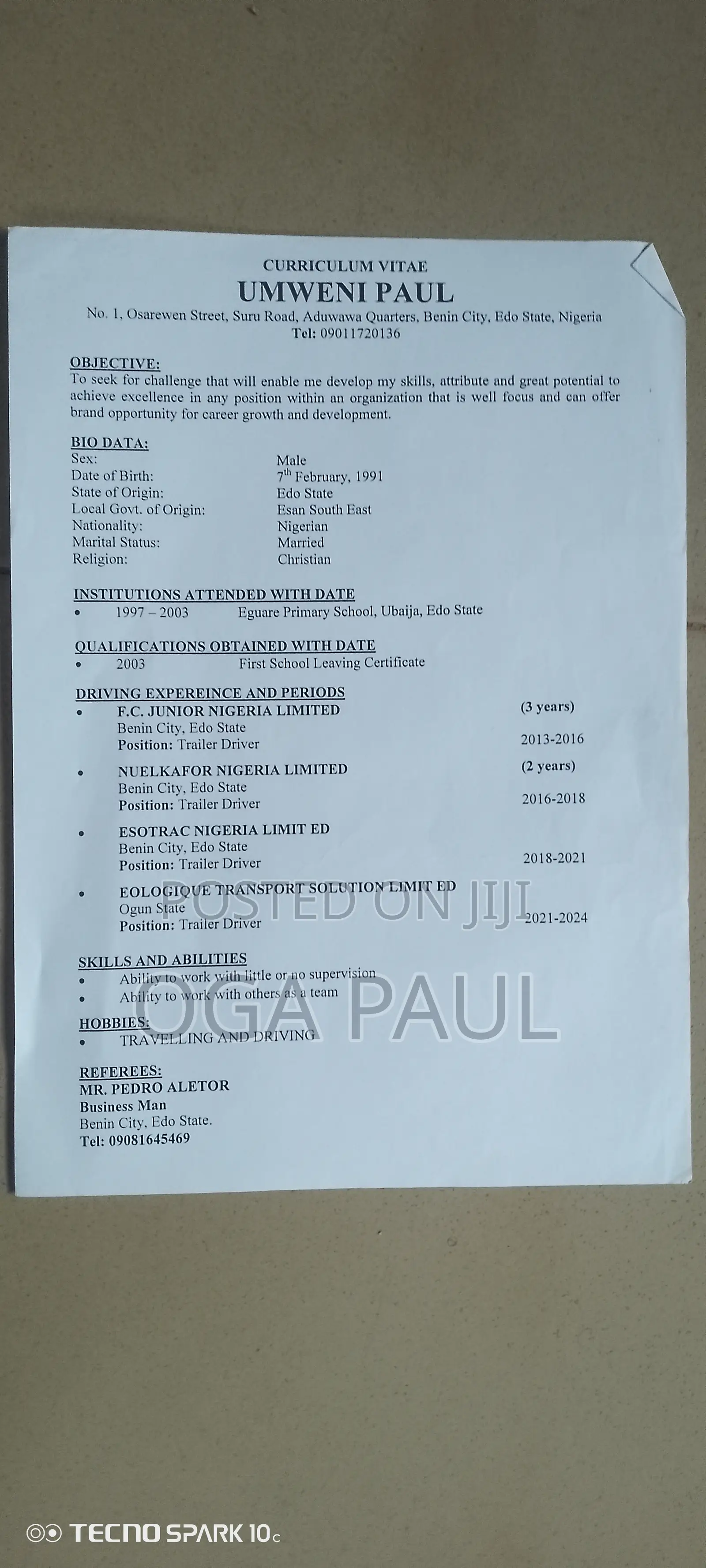 Driver CV Available