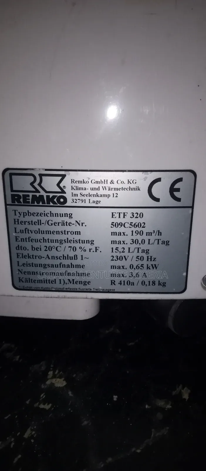 Dehumidifier Remko 32 Lts,Remove Mist,Waiters,Odours