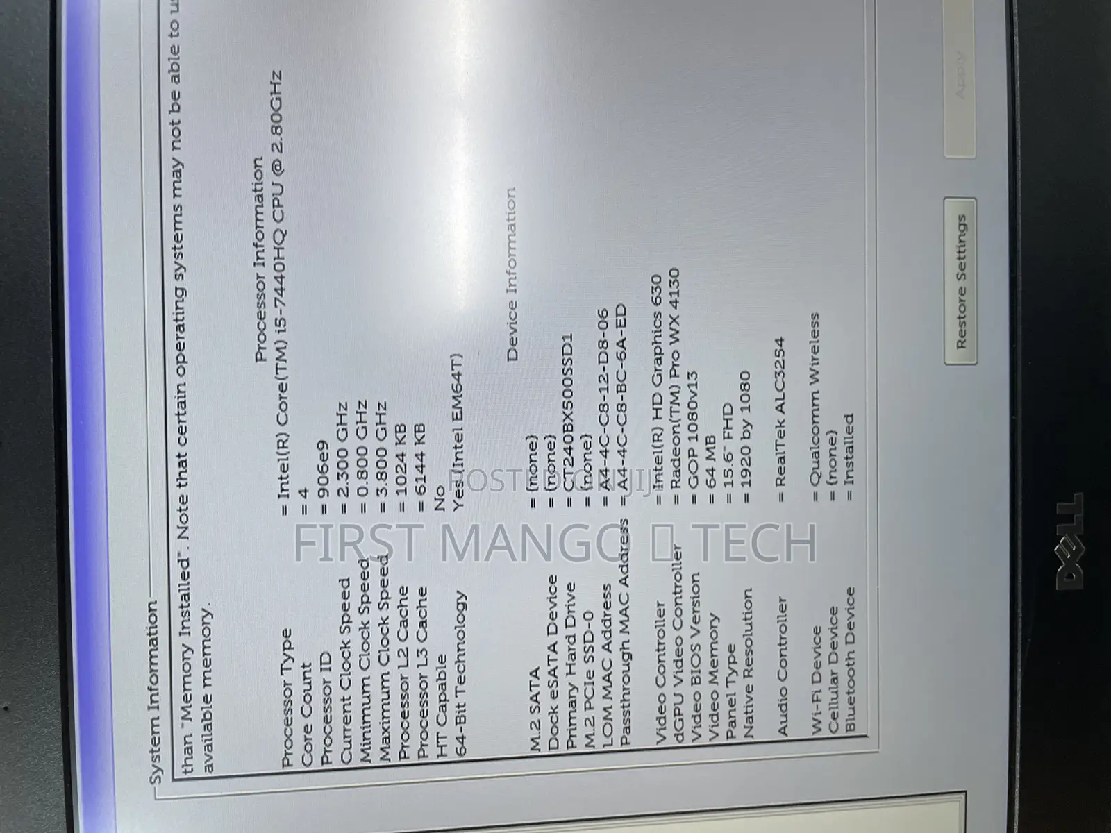 Laptop Dell Precision 7520 16GB Intel Core I5 SSD 256GB