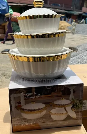 3 PCS Ceramic Soup Pot Bowls With Gold Accents