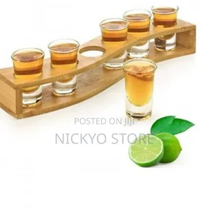 6 Solid Tequila Shot Glasses With Wooden Holder