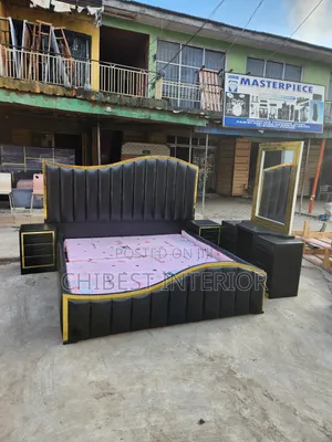 6by6 Leather Bed With Dressing Mirror and Two Side Drawers