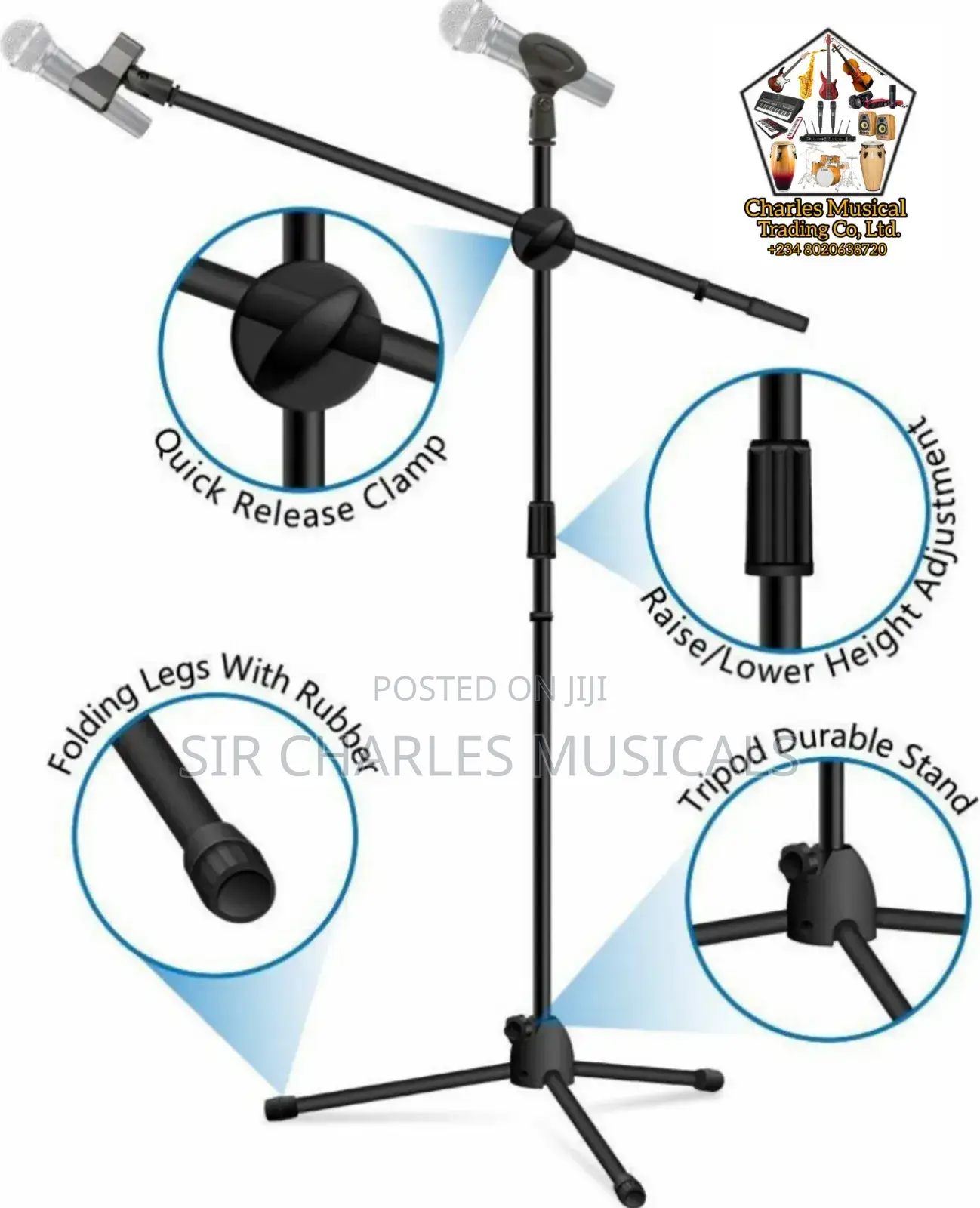 High Quality 3 Leg Boom Double Microphone Stand