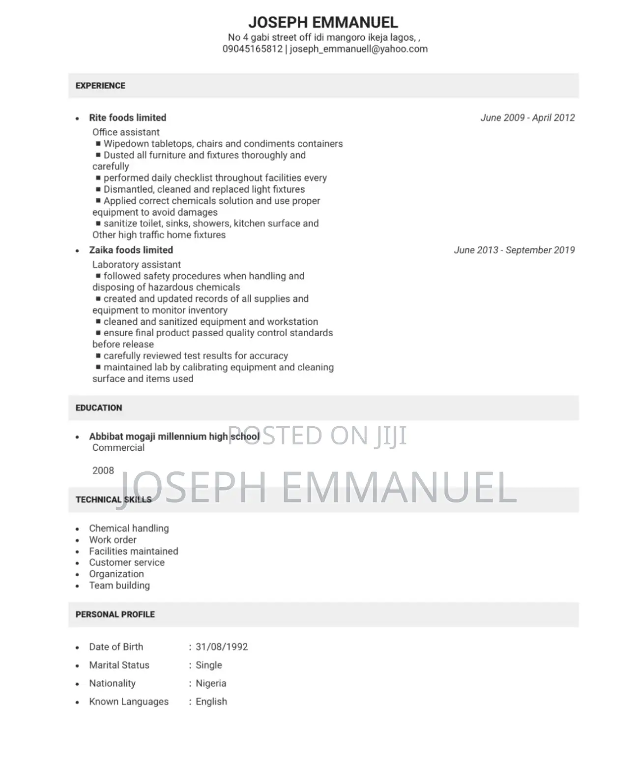 Housekeeping Cleaning CV