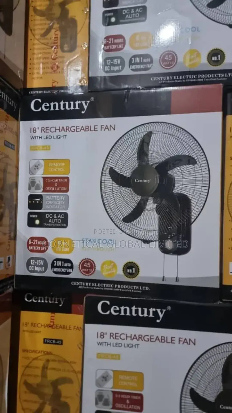 Century 18" Rechargeable Wall Fan With LED Light
