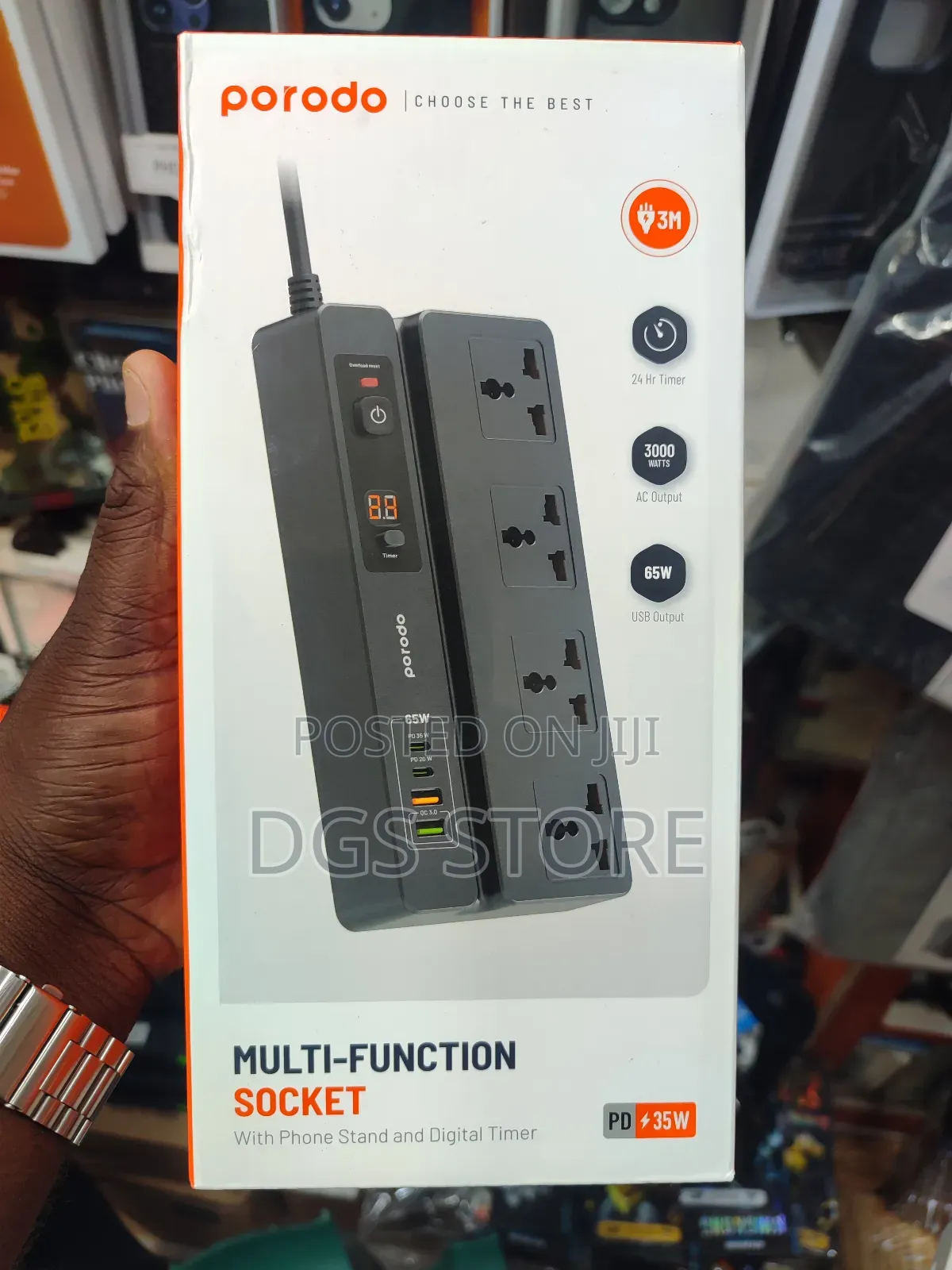 Porodo Multi Function Socket With Phone Stand Digitaltimer
