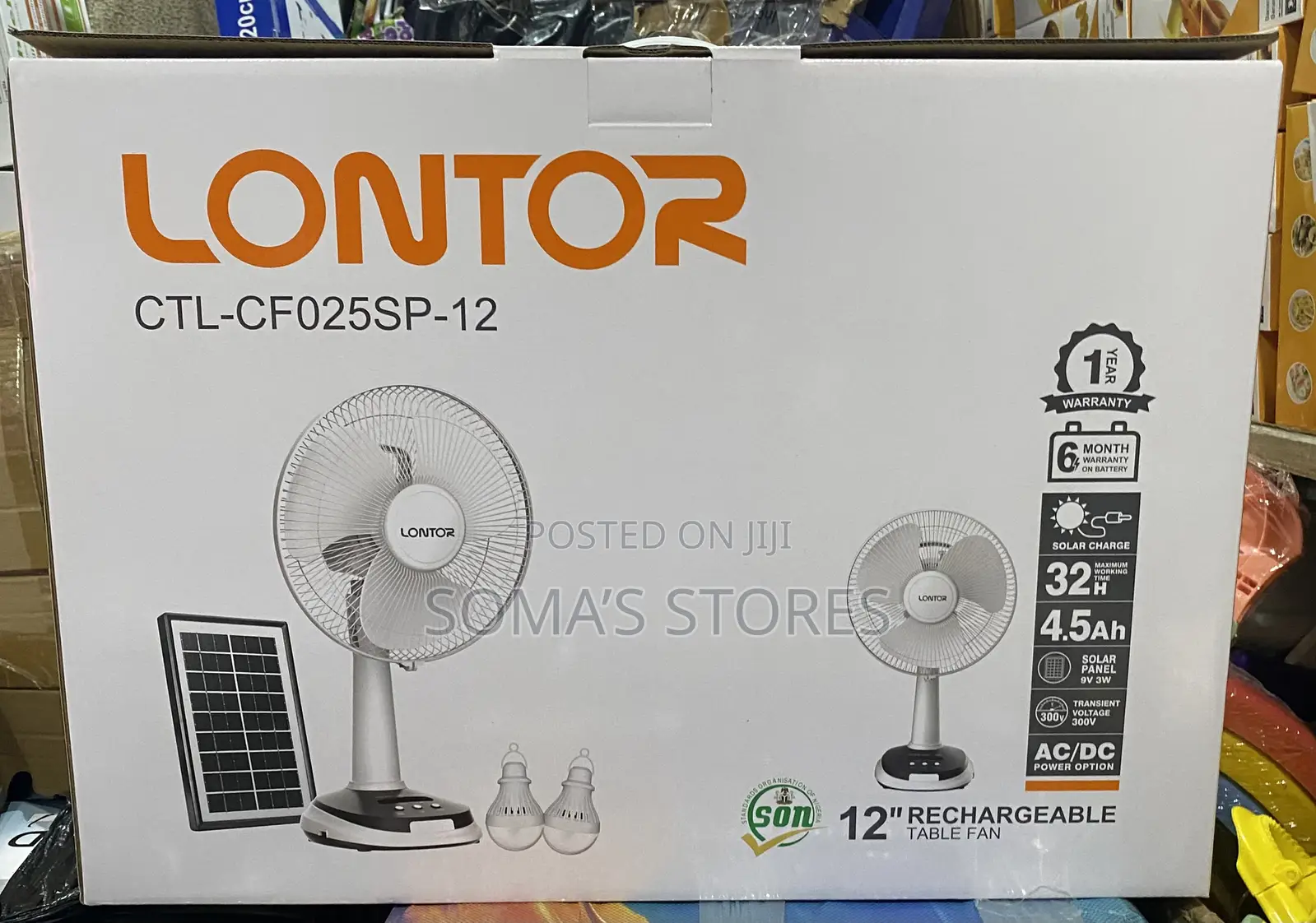 12” Lontor Rechargeable Fan With Solar