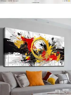 White, Black, Yellow Abstract Printing on Canvas.