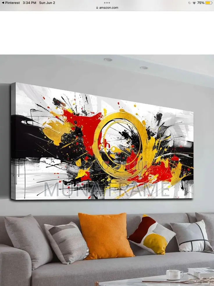 White, Black, Yellow Abstract Printing on Canvas.