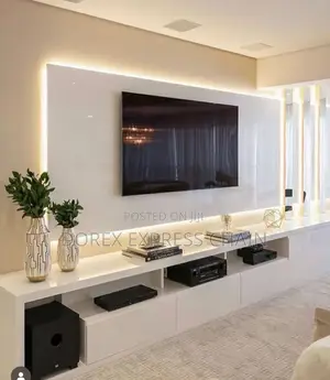 White Wide Floating TV Console With Media Compartments