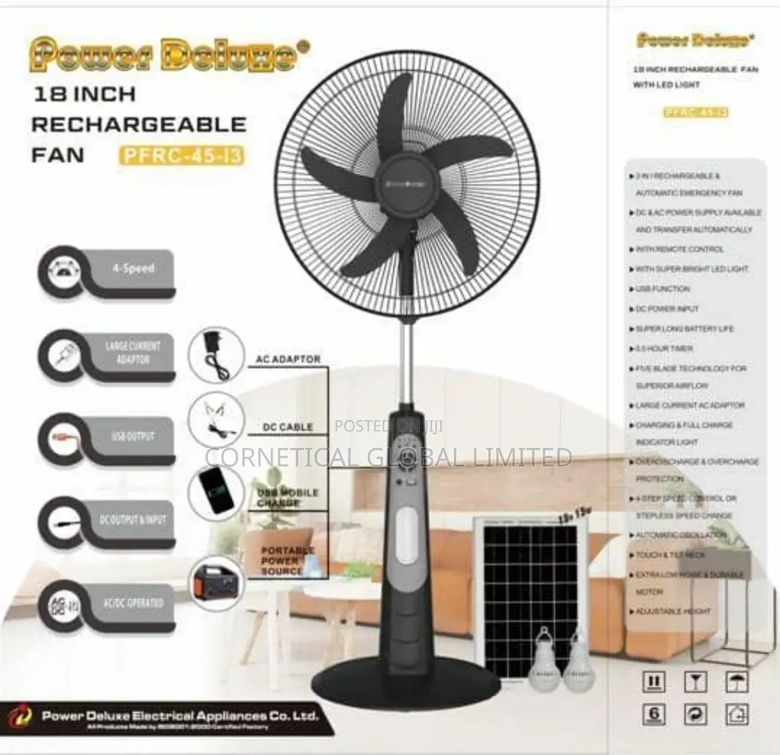 Power Deluxe 18" Rechargeable Fan With LED Light and Panel