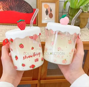 Fancy Glass Cup With Lid and Straw