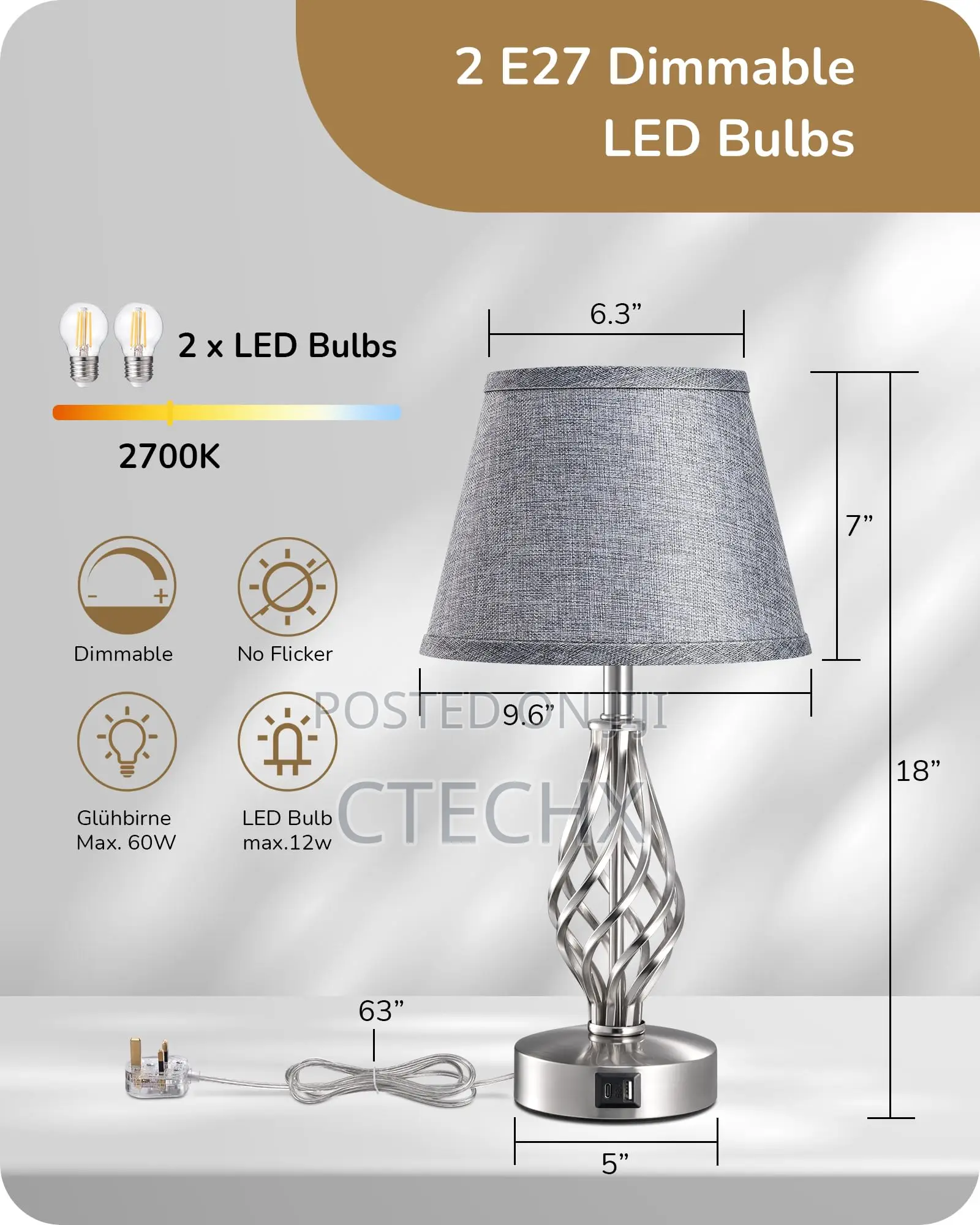 Spiral Cage Base Bedside Lamp. Touch Lamp With USB Charging