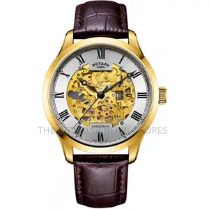 Rotary Men’S Gold Case Skeleton Brown Leather Watch
