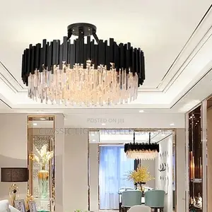 Modern Black and Gold Round Crystal Chandelier Light