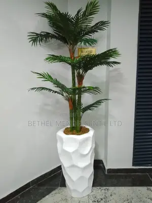 Rock Fiberglass Pot/Vase With Artificial Four Stems Palm