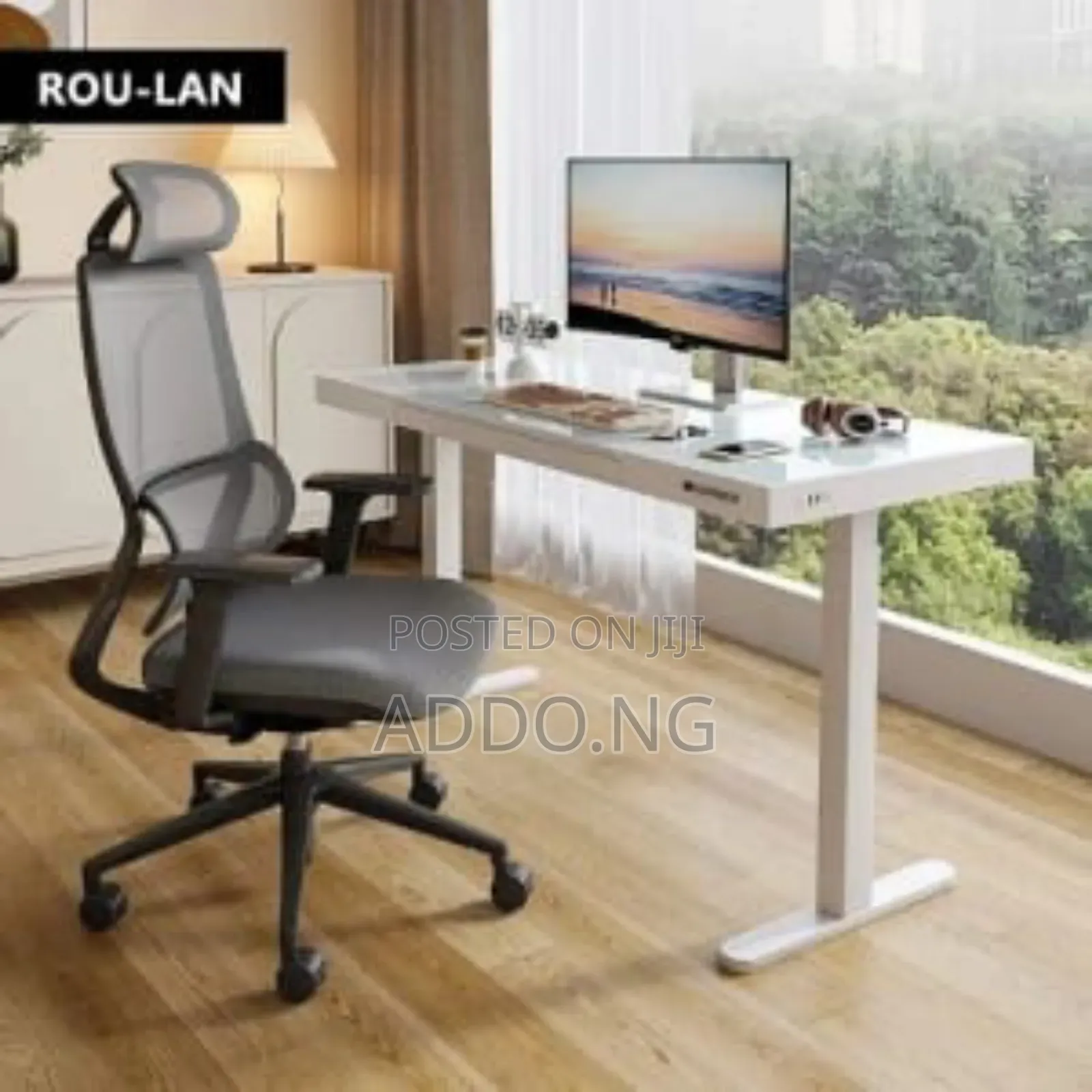 Glass Electric Adjustable Desk With Charging Plug and Drawer