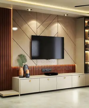 Glossy Oak And White Tv Wall Unit