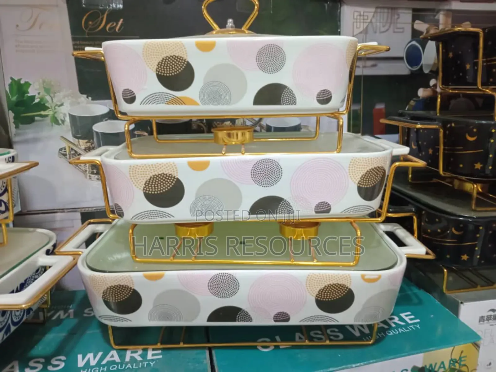 Buffet 3pcs Glass Plates With Golden Stands.