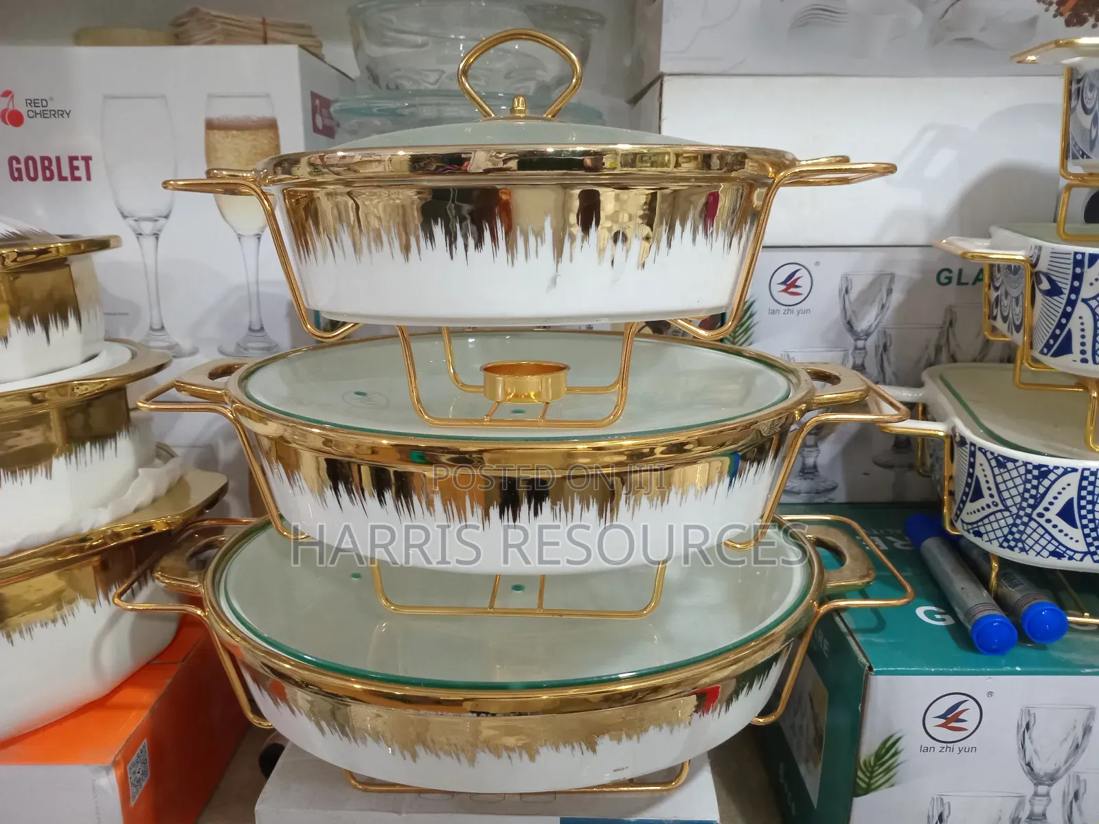 Buffet 3pcs Glass Plates With Golden Stands.