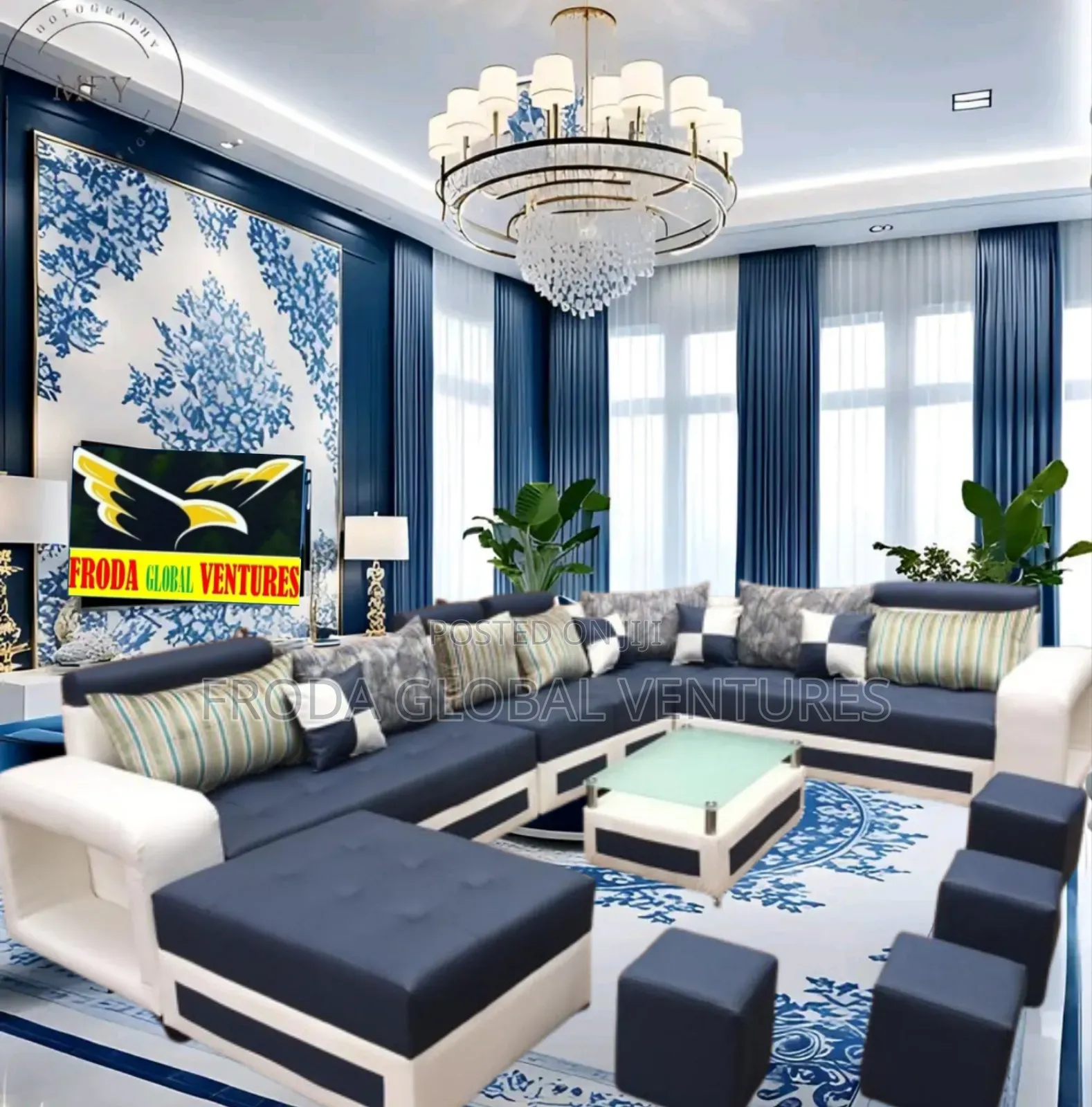 Standard Living Set of U-Shape Sofa, Table and Stools.