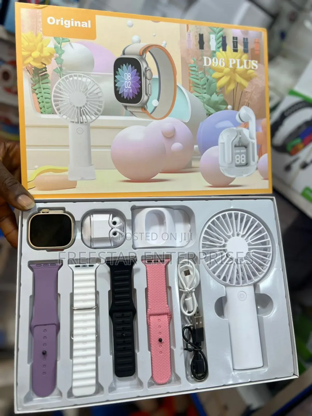D96 Smart Watch, Straps, Bluetooth Airpod Mini Fan.