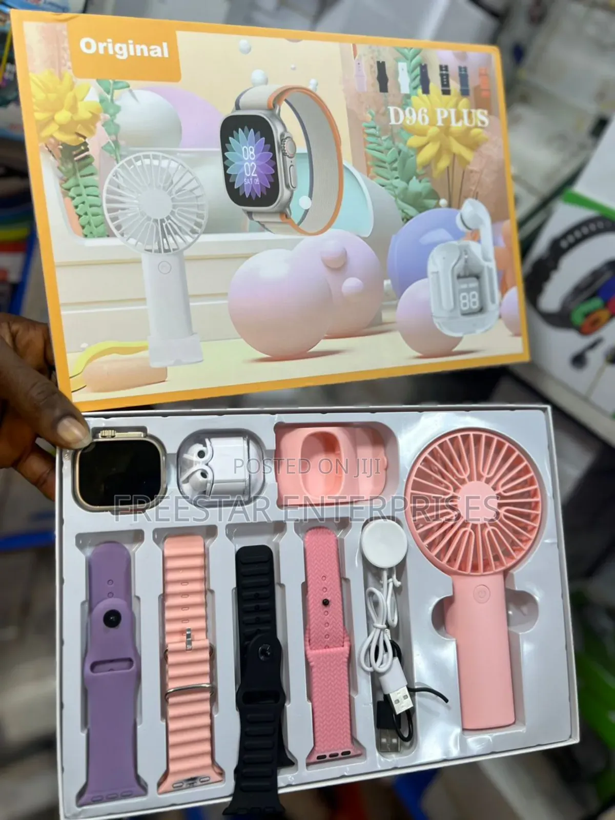 D96 Smart Watch, Straps, Bluetooth Airpod Mini Fan.