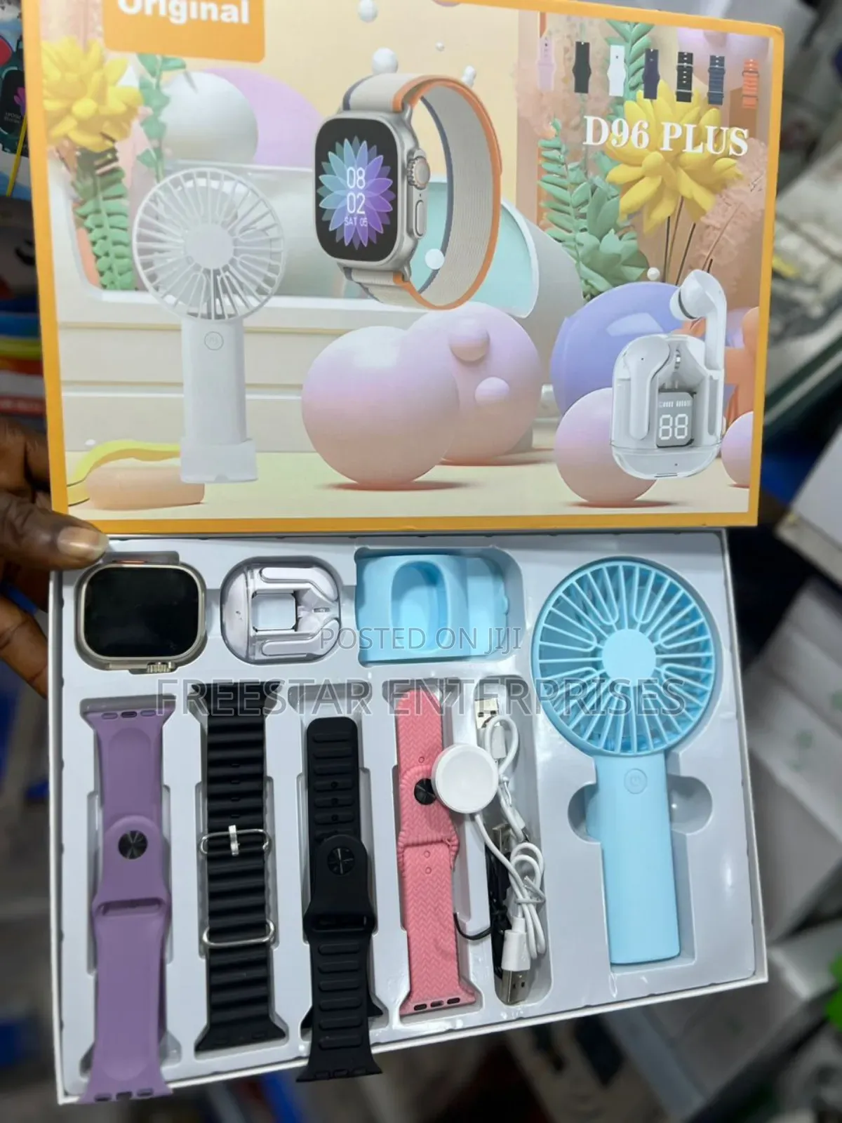 D96 Smart Watch, Straps, Bluetooth Airpod Mini Fan.