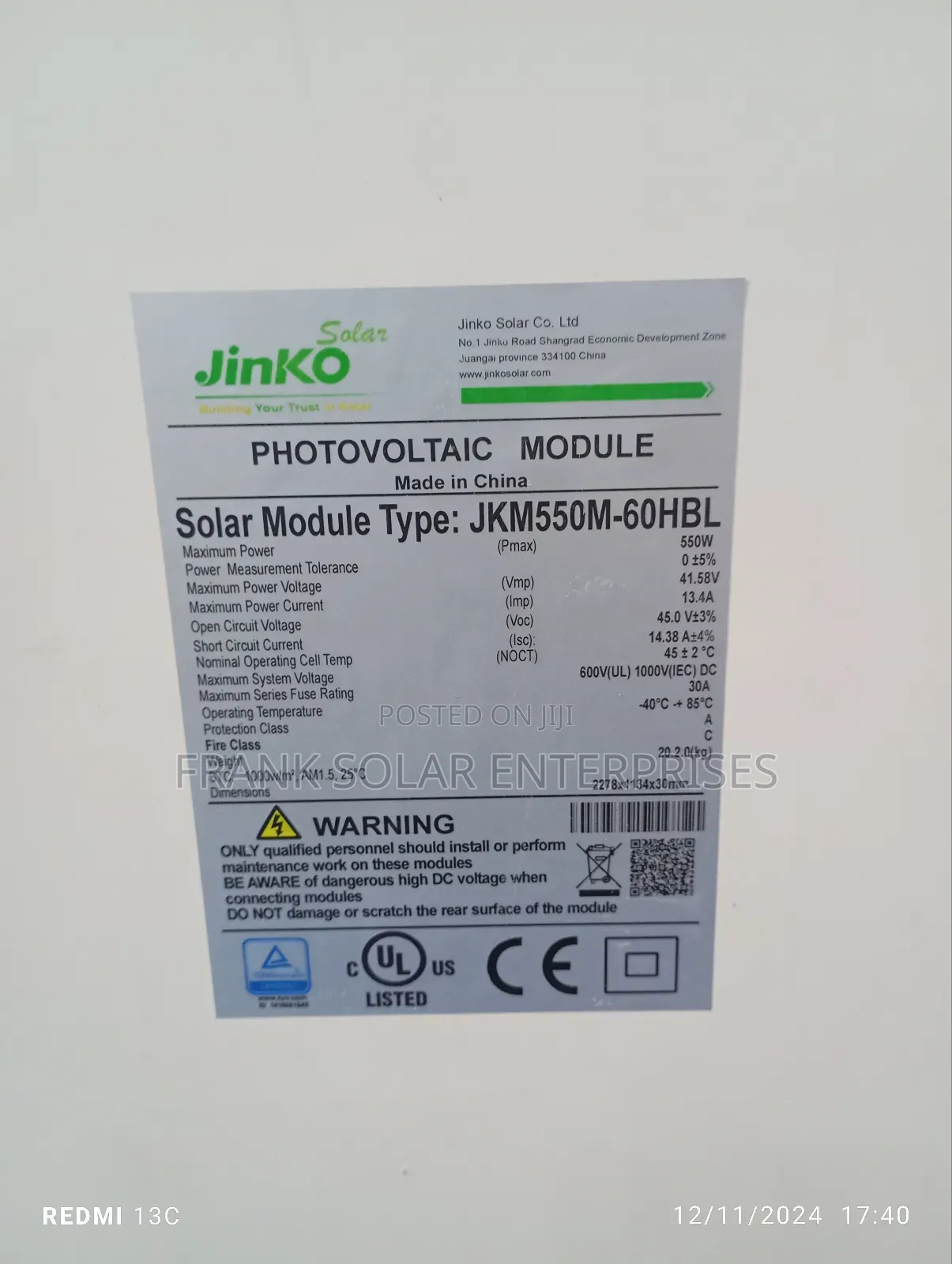 Jinko Solar Panel 550watts