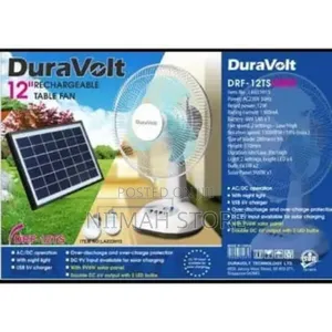 12" Duravolt Rechargeable Fan With Solar Panel and 2 Bulbs