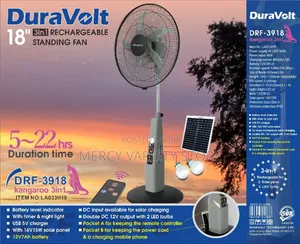 18" Rechargeable Standing Fan With Solar Panels And 2 Bulbs
