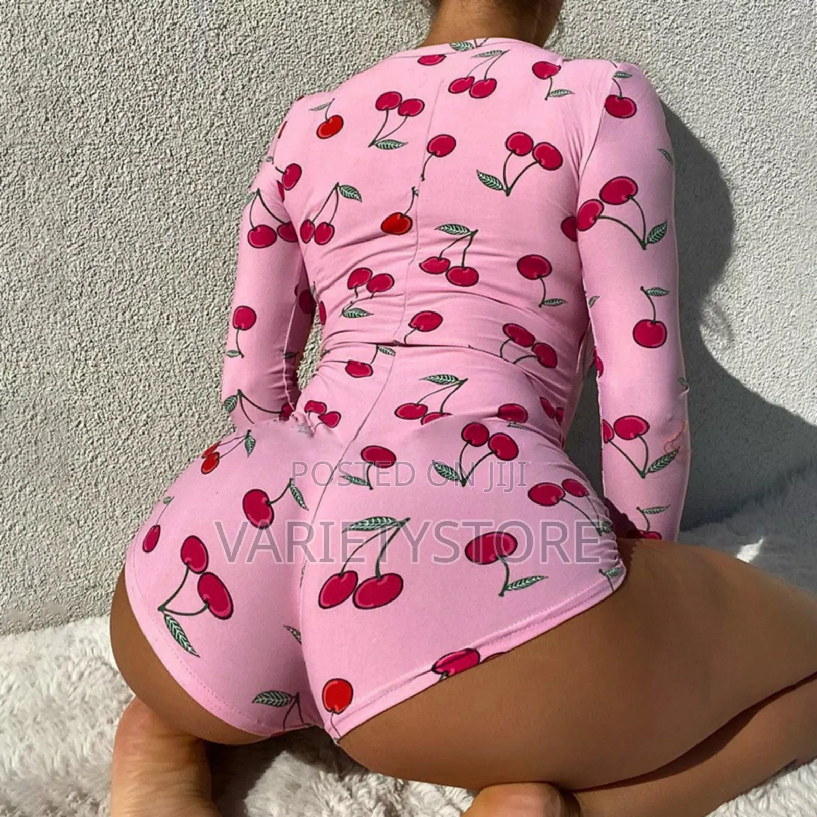 Women's Casual Cherry Print Long Sleeve Jumpsuits