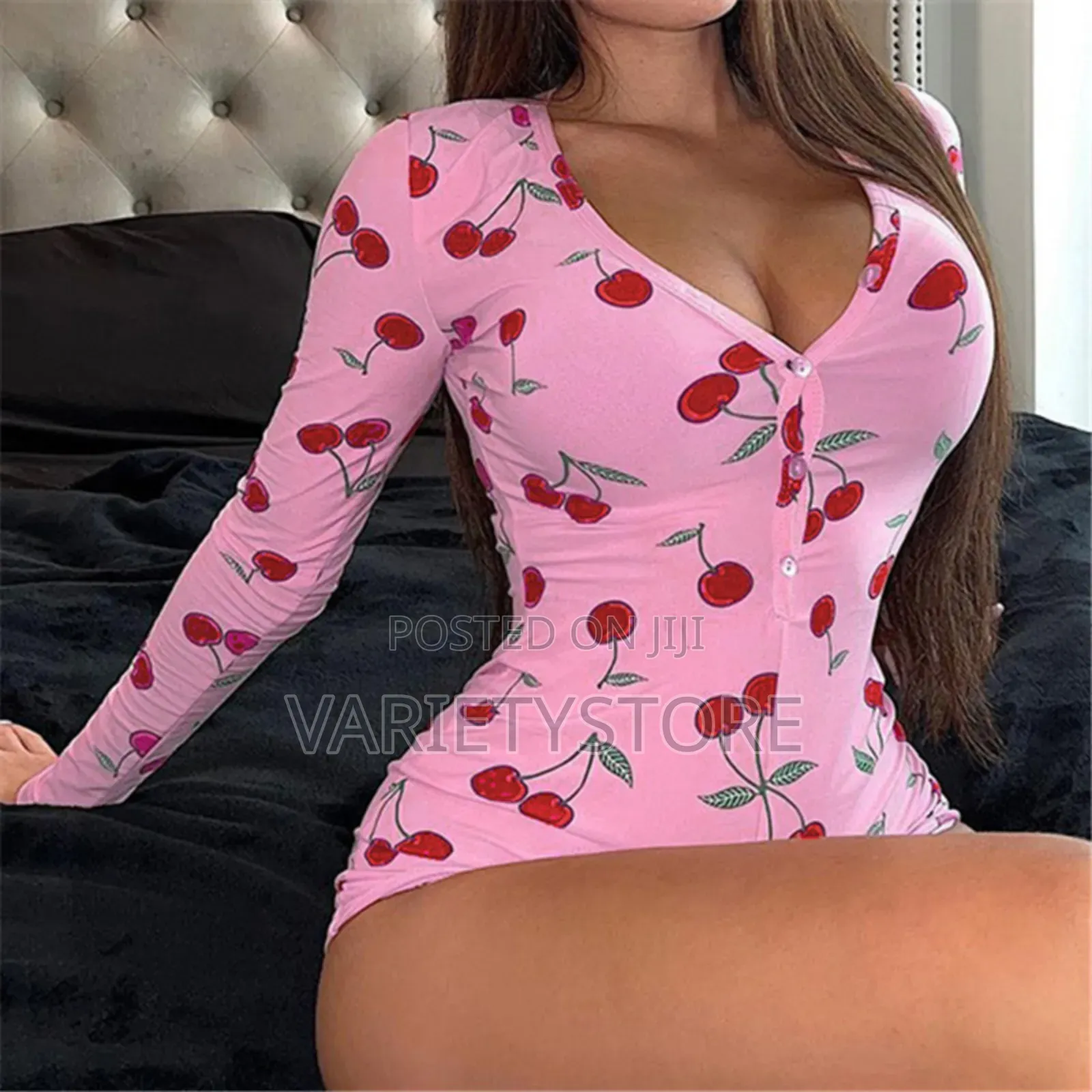 Women's Casual Cherry Print Long Sleeve Jumpsuits