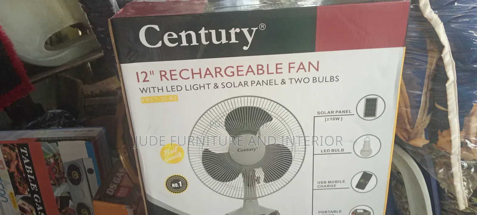 Century Rechargeable Fan With Panel and 2 Bulb