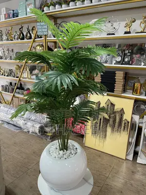 Faux Palm Plant With Stones in Round Fibrepot Vase