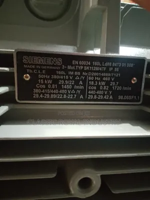 Siemens Electric Motor 20 HP 1450 RPM