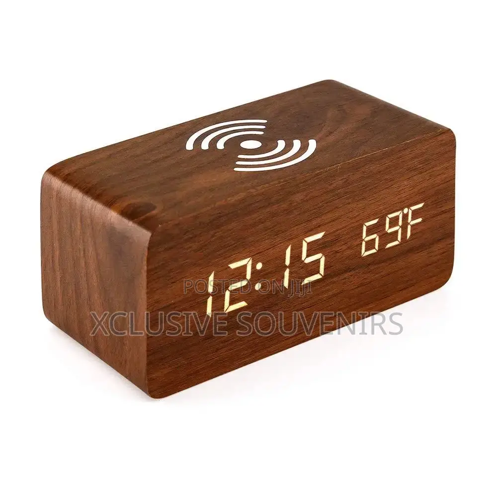 Wooden Led Digital Alarm Table Clock With Wireless Charging