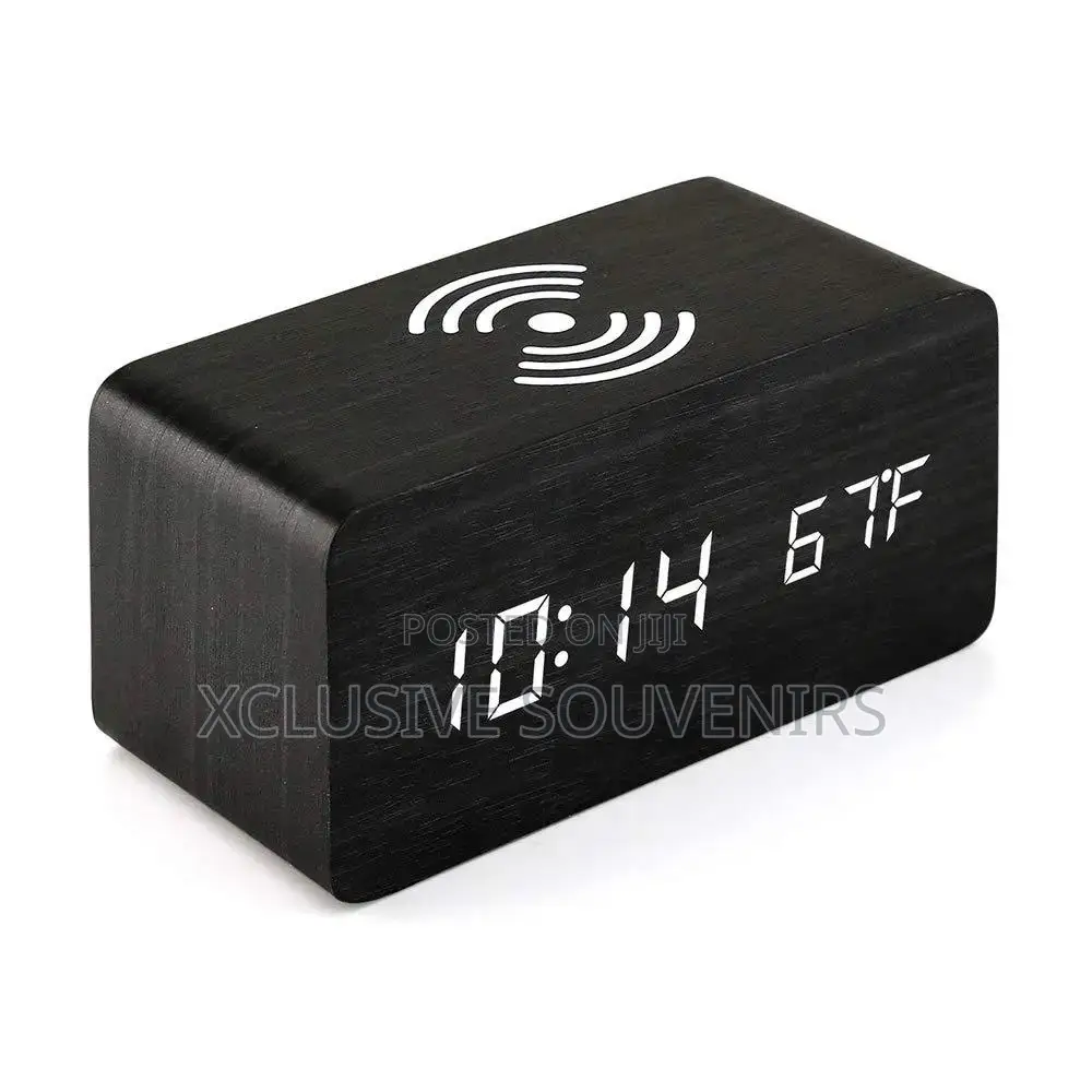 Wooden Led Digital Alarm Table Clock With Wireless Charging