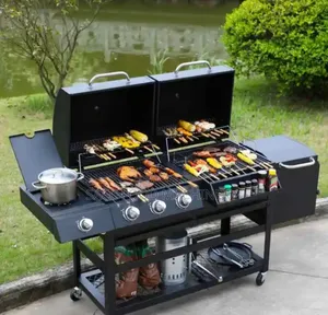 Gas And Charcoal BBQ Grill With Side Stove And Storage