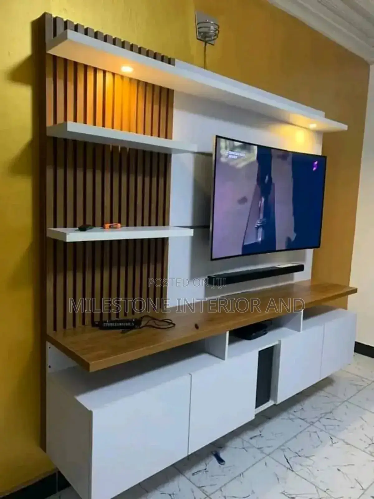 Suspended Tv Panel With Console, Complemented With Spotlight