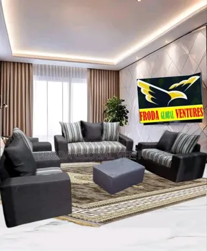 7 Seaters Sofa Chairs With Table. Brown Color Fabric Couch. Aku06
