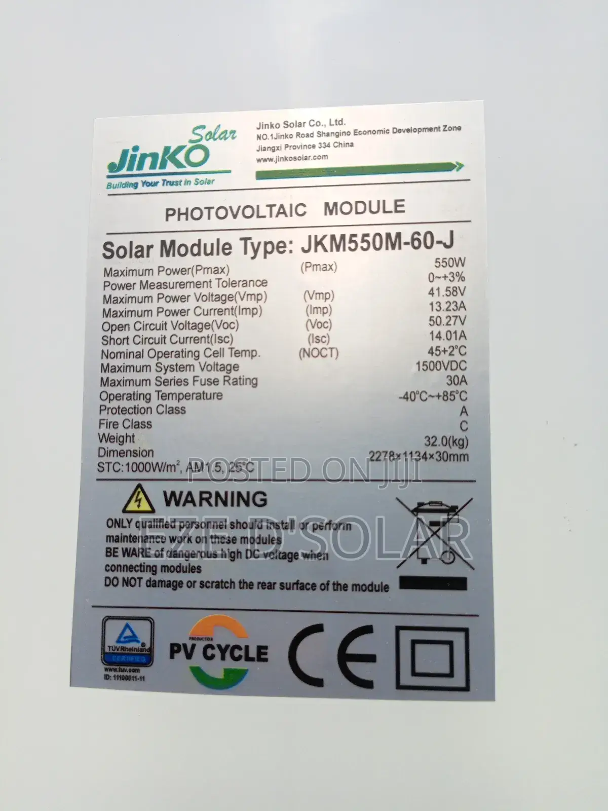 550watts Jinko Solar Panel