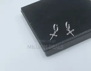 Ski Punk Silver Pattern Cross Down Men’S Hoop Earrings