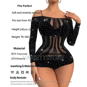 Rhinestones Sexy Body Stocking Fishnet Bodysuit Long Sleeve